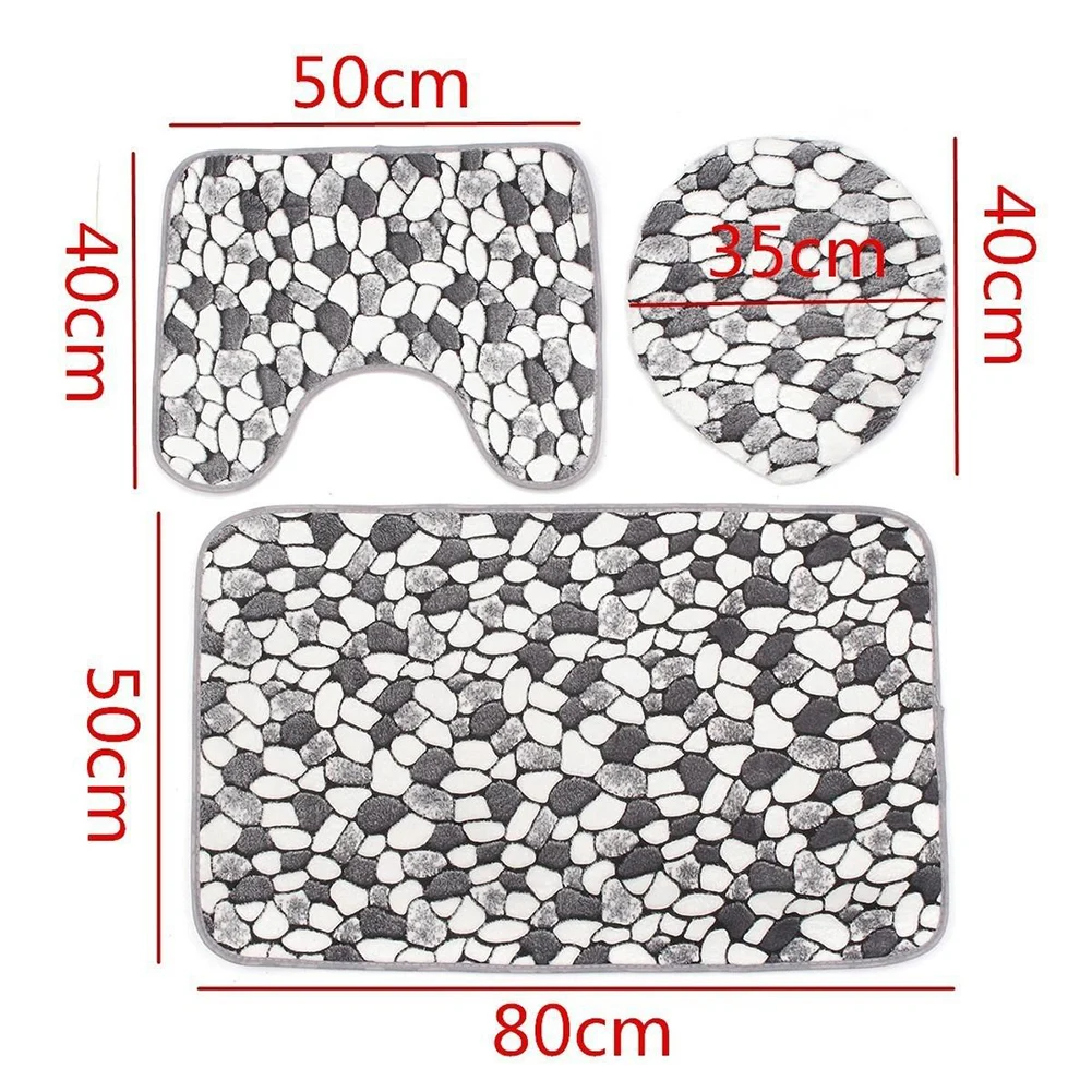 3Pcs/Set Stone Pattern Washable Anti-Slip Bathroom Pedestal Rug Carpet Toilet Lid Cover Bath Mat Set Bathroom Supplies