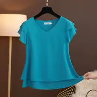2026 New Summer Women Blouse Loose V-Neck Chiffon Shirt Female Short Sleeve Blouse Oversized Shirts womens tops and blouses Top 3