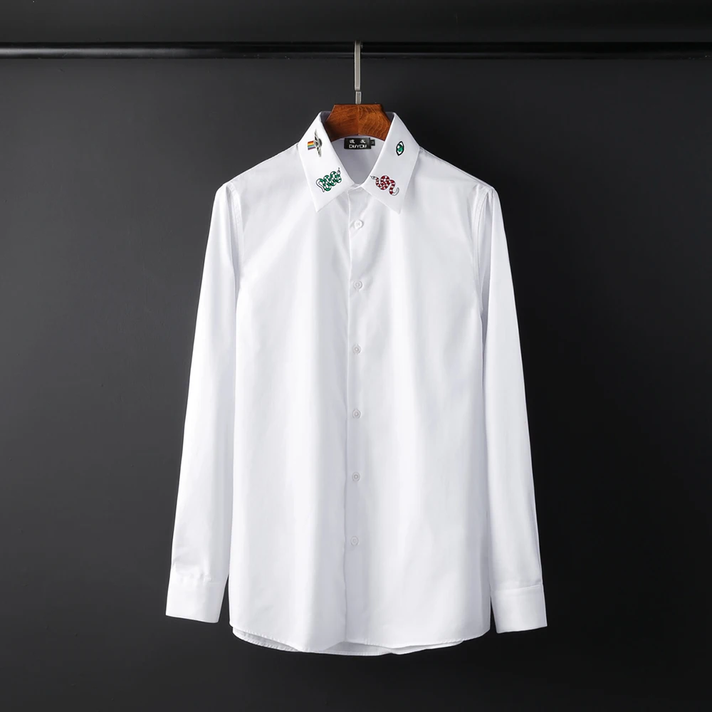 Mens Hipster Snake Embroidery Mandarin Collar Slim Fit Long Sleeve Casual Dress Shirts 45187