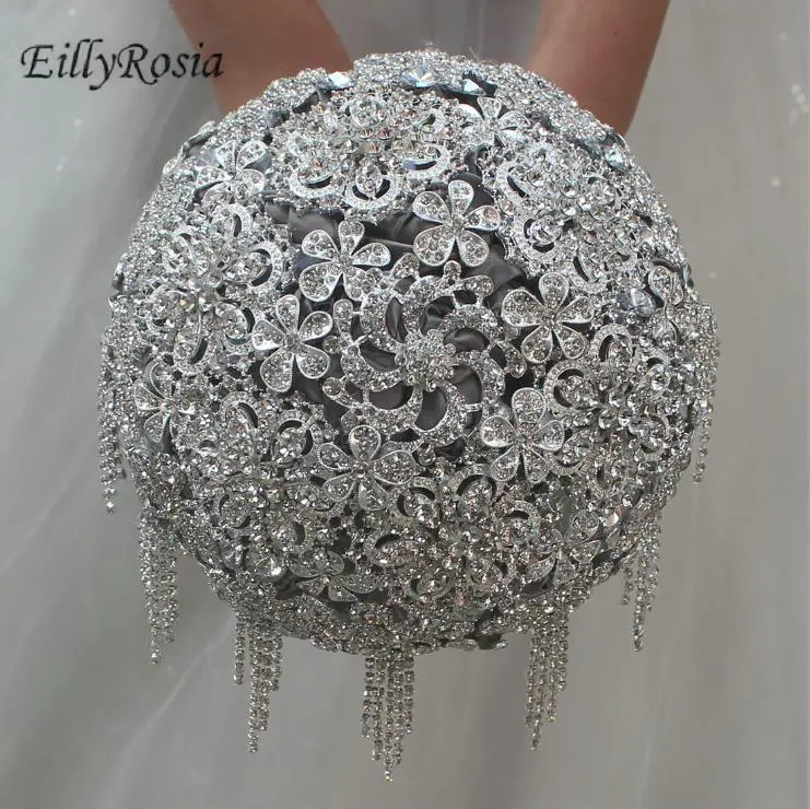 Eillyrosia strass borla nupcial bouquet cinza cetim prata cristais jóias casamento buquê noiva flores fita de seda luxo