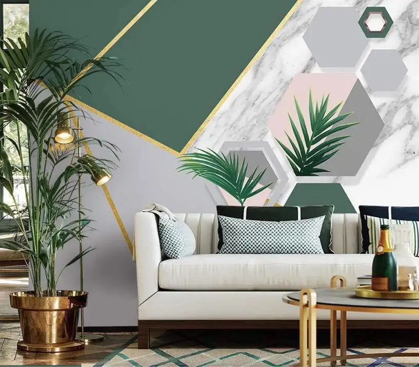 

Bacal custom Modern Green Nordic geometric marble tropical plants background wall living room bedroom 3D wallpaper murals