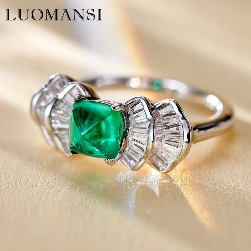 Luomansi  1.4CT Colombian emerald silver ring woman s925 jewelry wedding anniversary party gift size 7