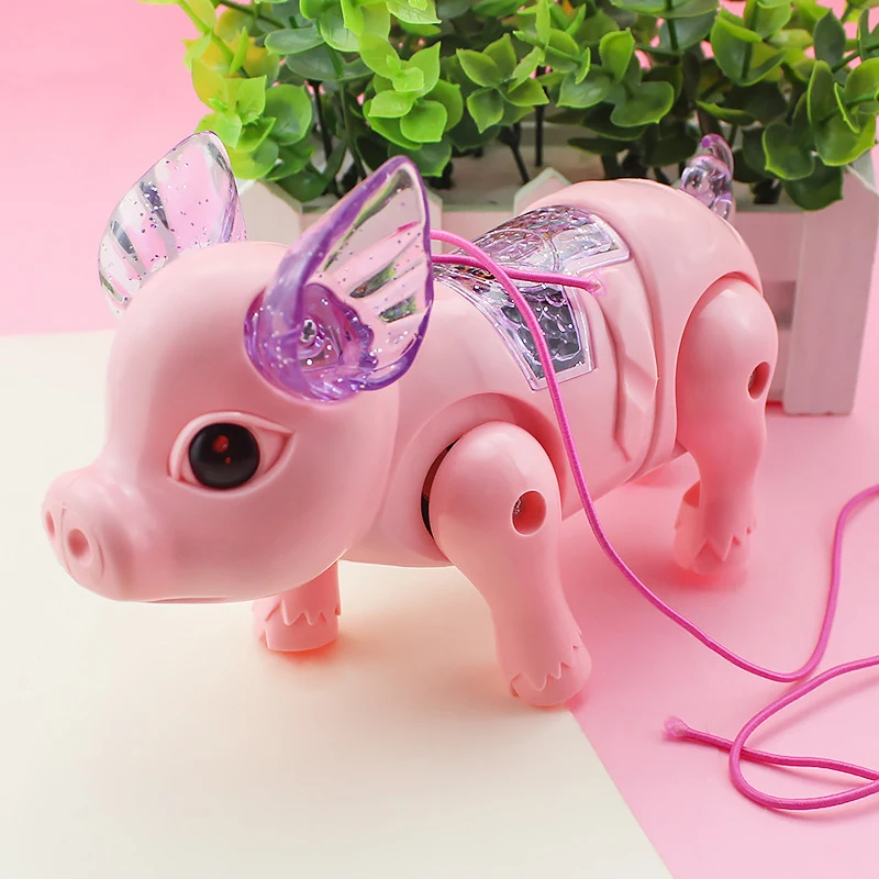 Electric Light Music Walking Pig Toy Luminous Cartoon Pink Pig with Leash for Kids Children Girls