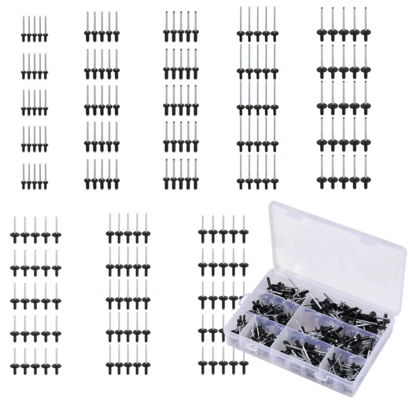 Imagem -04 - Assorted Black Aluminum Alloy Blind Rebites Flange Padrão e Grande Tool Part Kits Flanges Padrão Novo 818 mm 200 Pcs Set