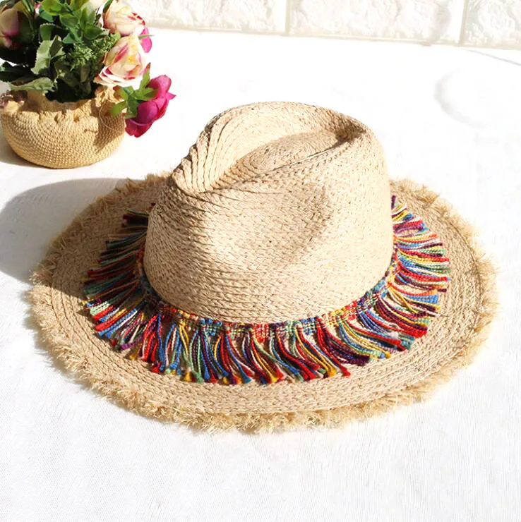 2024 Summer paper straw hat tassel raffia hat rough edge women's hat cool nice hats for women sun hat beach hat straw hat women