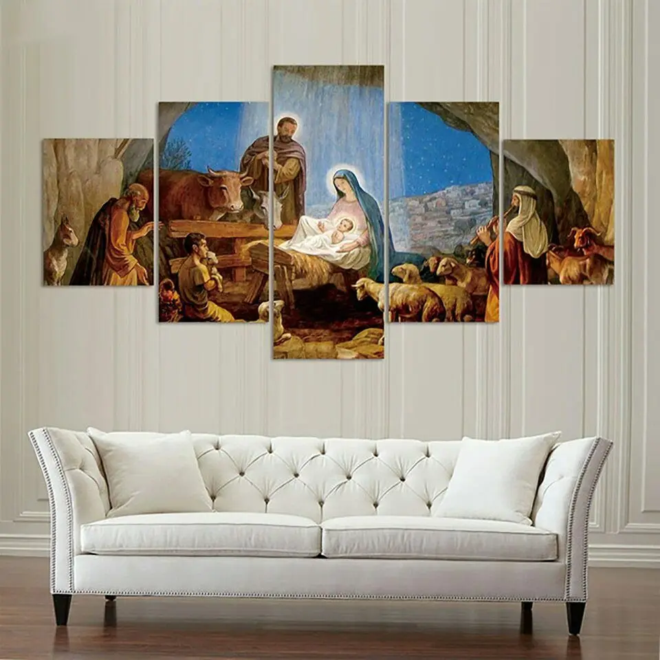 5 Pcs Abstract Birth of Jesus Christ  Canvas Pictures Print Wall Art Canvas Paintings Wall Decorations for Living Room Unframe