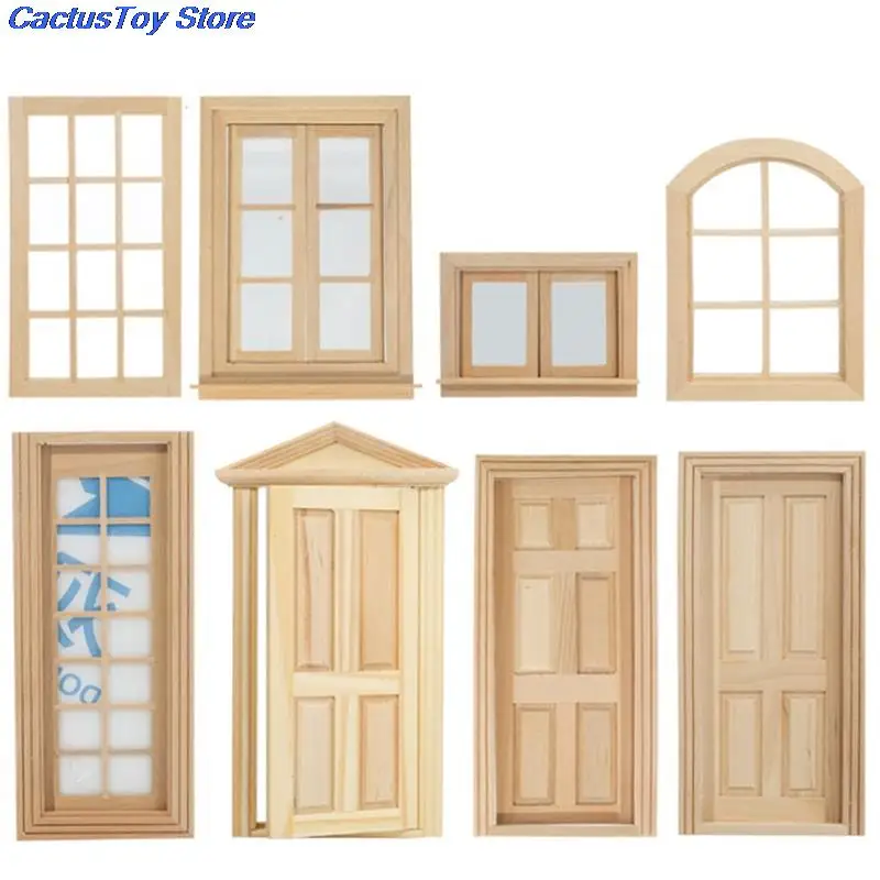 Multi Styles Dollhouse Miniature Wood External Single Door Wooden Window Frame DIY Accessories Doll House Furniture Toys