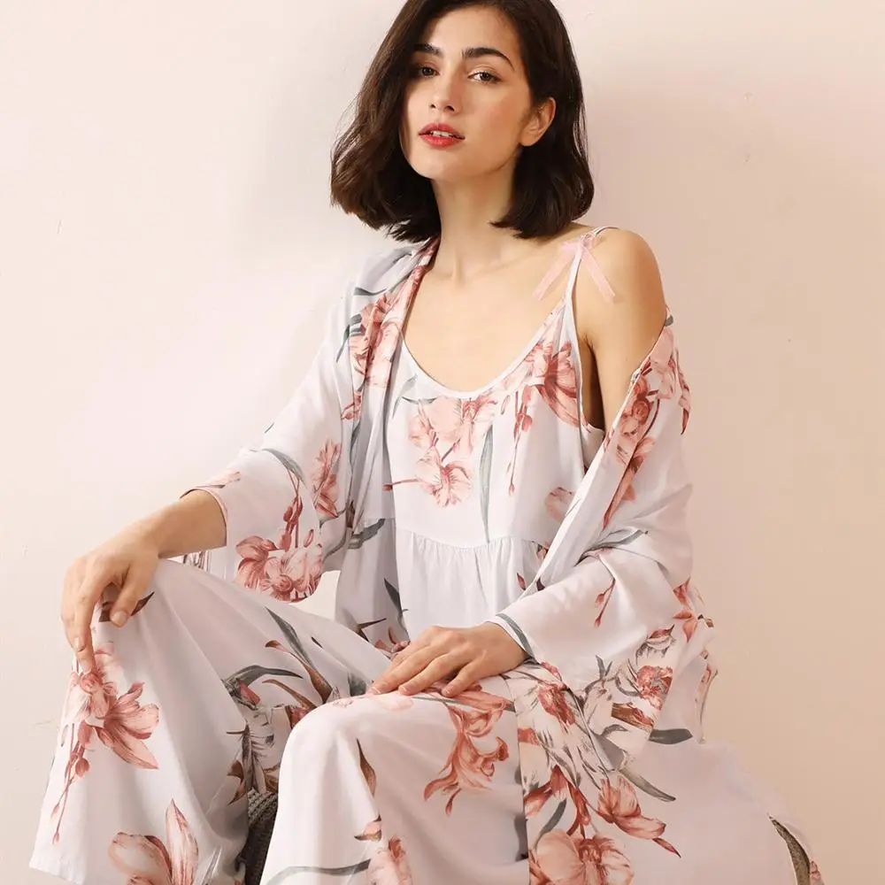 Kupokasi 3Pcs Women Viscose Pajamas Set Floral Printed Female Pyjama Elegant Girl Nightwear Spring Autumn Sleepwear sexy pjs