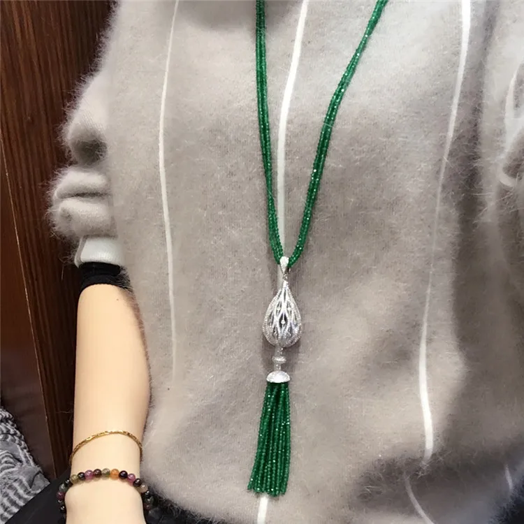 Hot sell new natural green stone micro inlay zircon big water drop pendant tassel necklace long sweater chain fashion jewelry