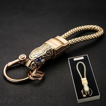 High Quality Boxed  Car Keychains Luxury Creative Leopard Head Metal Key ring Portable Leather Cord Key chain