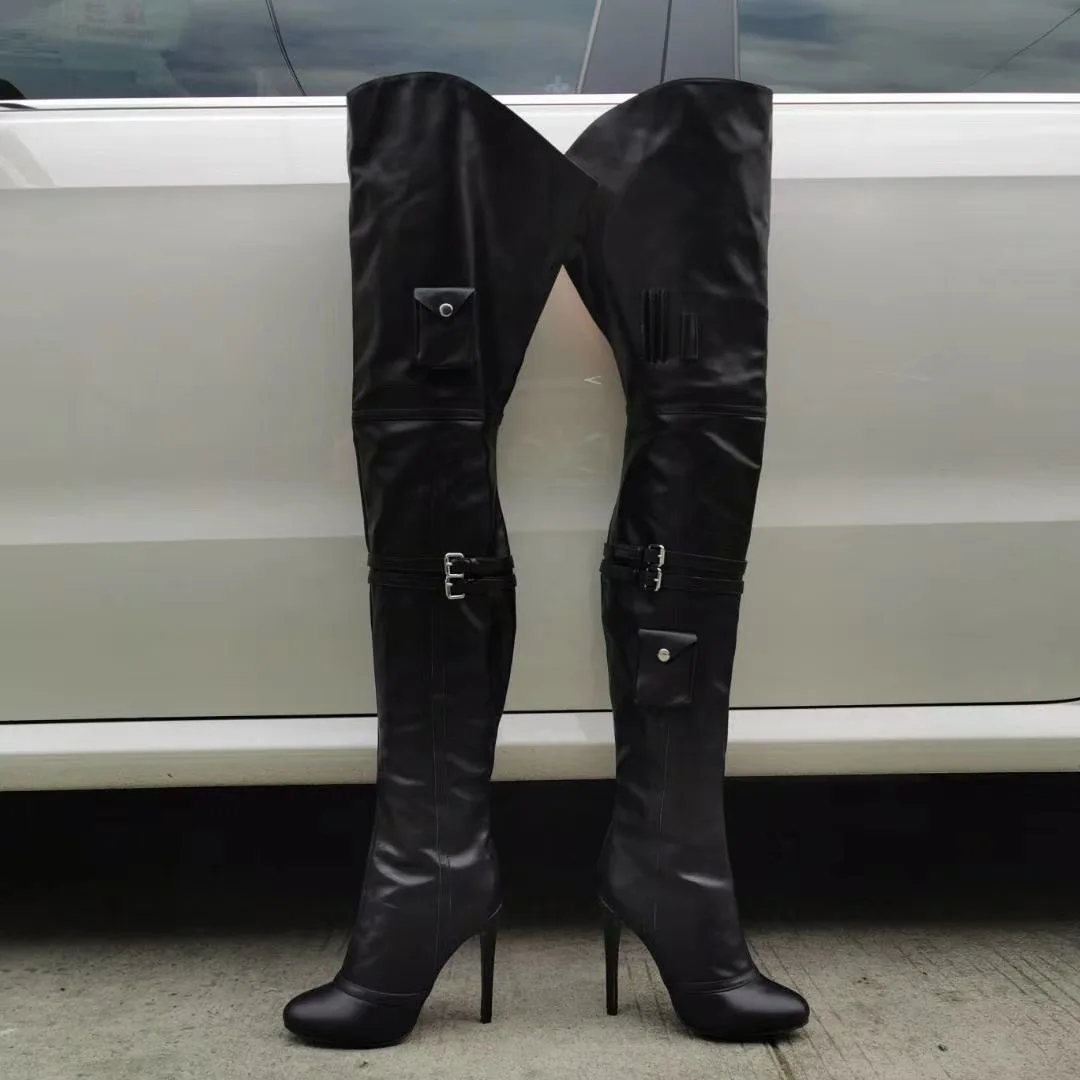 High Heel Pointy Thigh High Crotch Boots Sexy Black Over The Knee Botas Mujer Stylish Brand Leather Shoe Black Motorcycle Boots