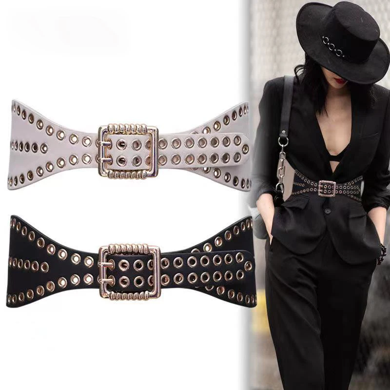 New Retro Wide Decorative Elastic Ladies Girdle Waist Rivet European And American Punk Style Belt All-Match Coat Dress Waistband