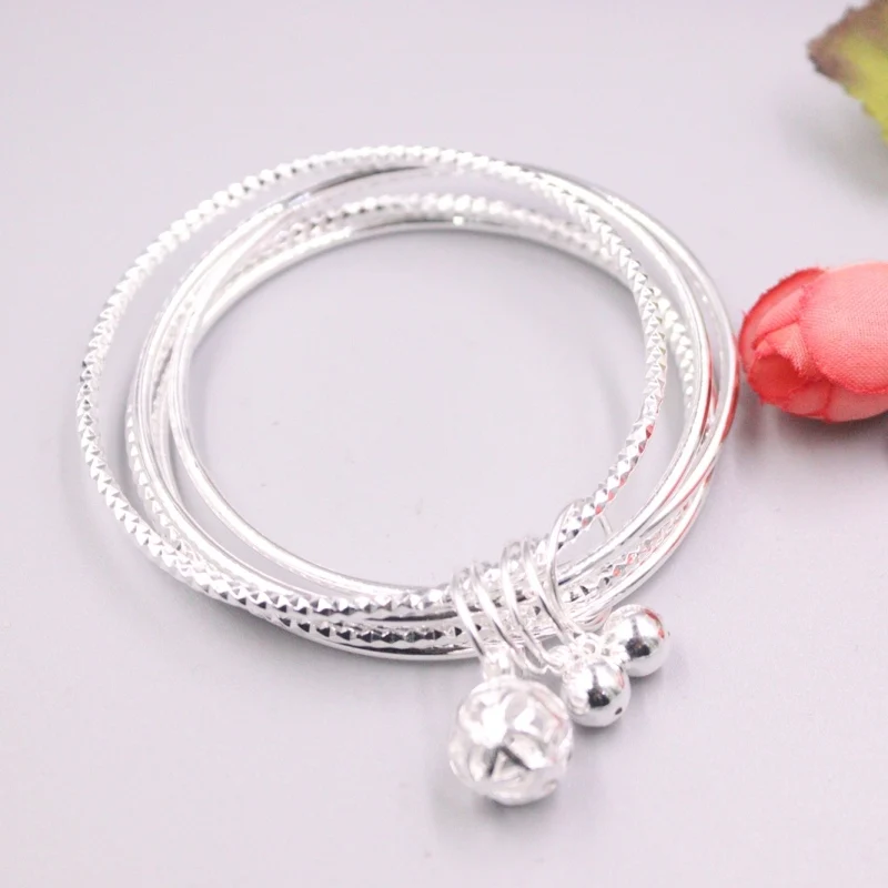 New Fine Pure S925 Sterling Silver Bangle Women 10mm Coin Hollow Ball Bracelet 58mm 43-44g