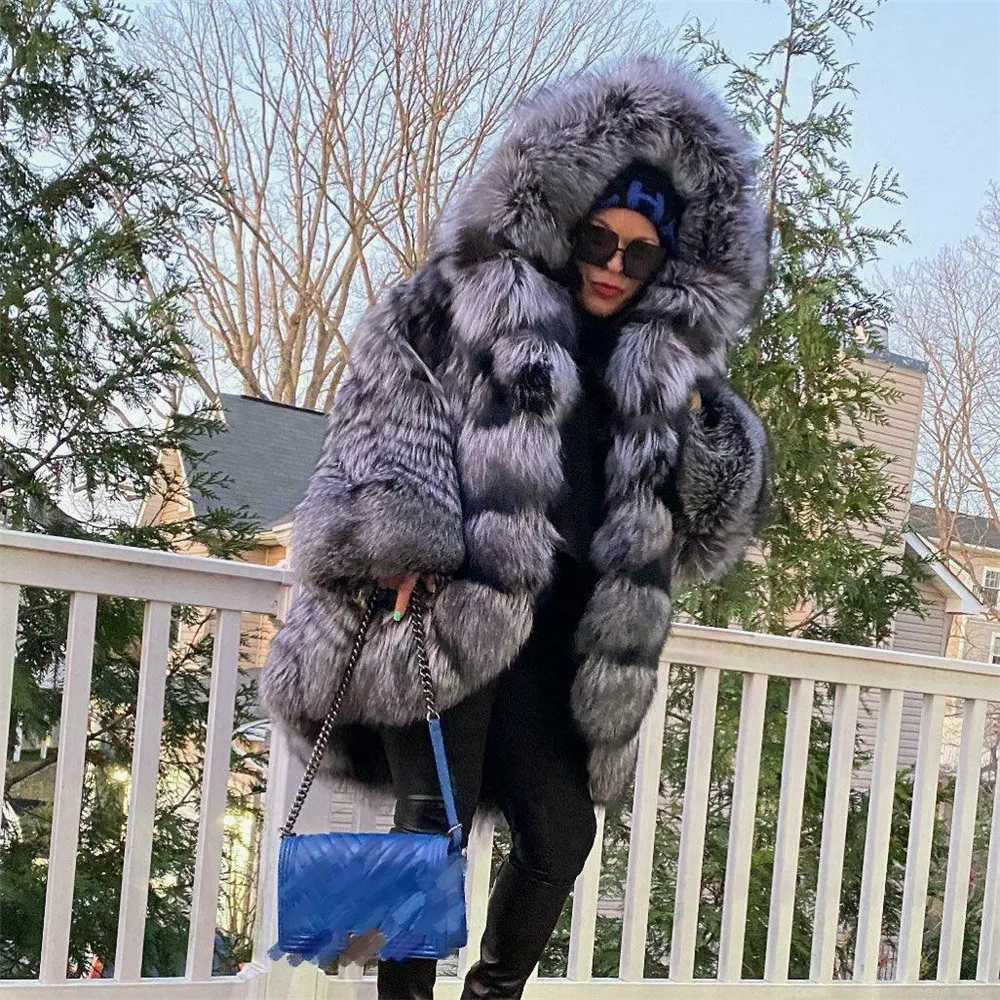 Winter Fashion Real Silver Fox Fur Coat with Hood Thick Warm Fur Overcoat Luxury Whole Skin Genuine Silver Fox Fur Jacket Woman