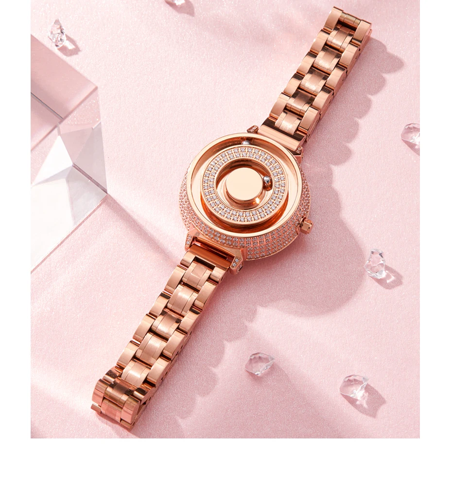 EUTOUR-reloj de cuarzo con bola magnética de diamante para mujer, cronógrafo de lujo a la moda, color oro rosa, informal, resistente al agua, 2021