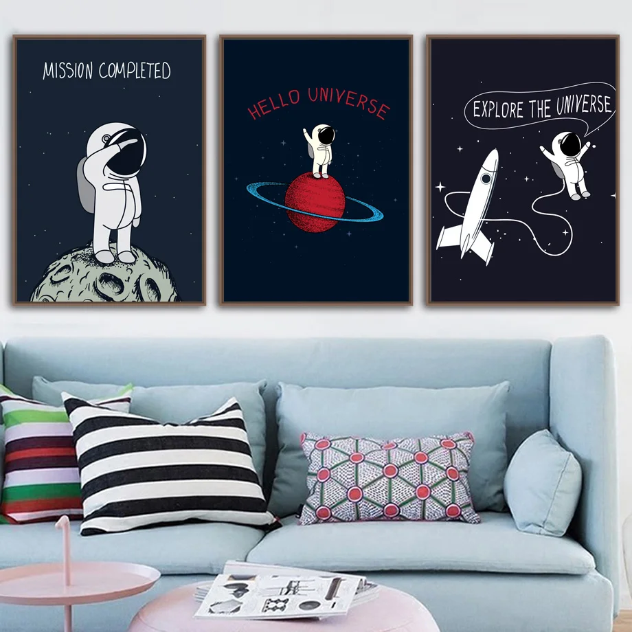 Cartoon Planet Star Rocket Spaceman Space Travel Wall Art Canvas Painting Nordic Posters And Prints Wall Picture Kids Room Decor