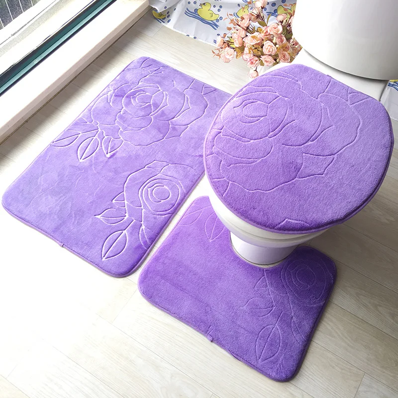 3D Embossed Bathroom Carpet Set, Bathroom Floor Rug, Flannel Toilet Mat with Lid Cover, Non-Slip U-shape Bath Mat Set, 3 Pcs