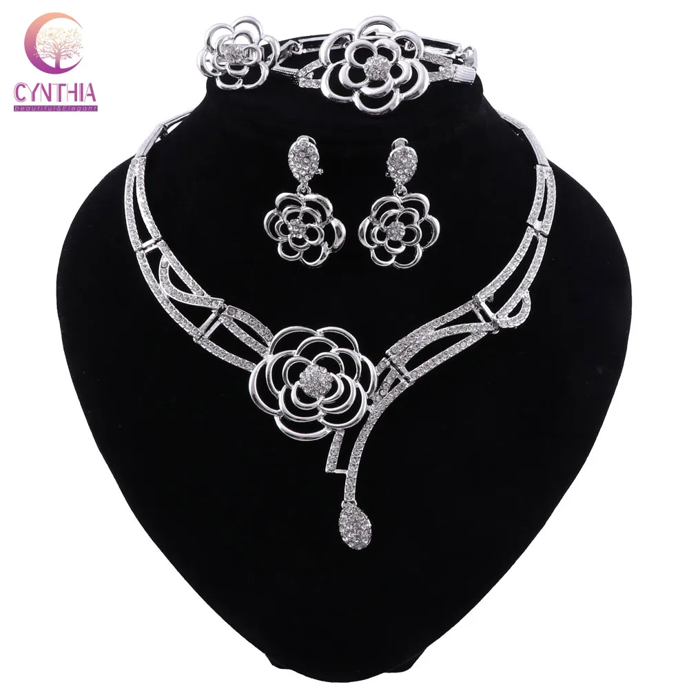 CYNTHIA Dubai Classic Crystal Necklace for Women African Charm Bridal Wedding Party Bracelet Earrings Ring Fashion Jewelry Set