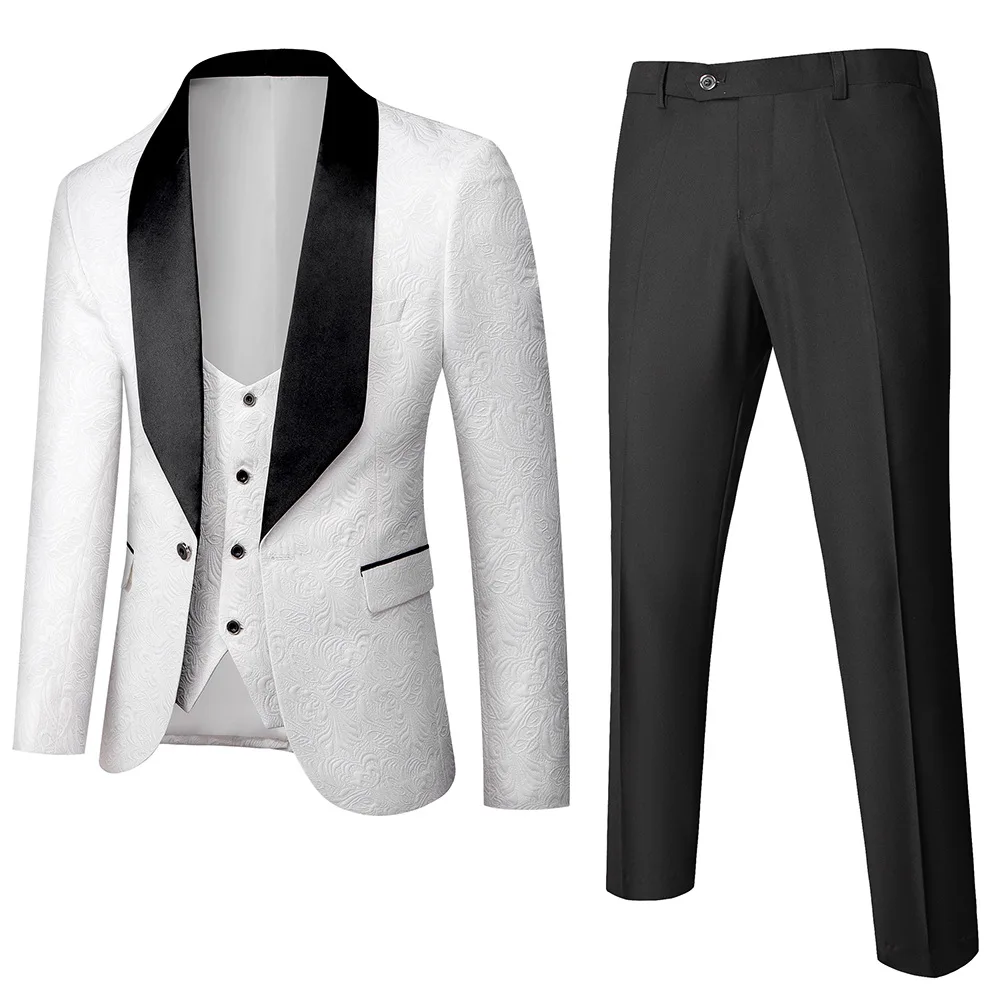 

2021 New Banquet Costume Homme Slim Fit Wedding Dress Royal Smoking Jacket+Pant+Waistcoat Men Damask Jacquard Fabric Tuxedo