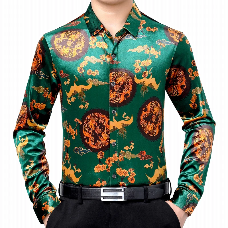 

Men's Trendy Fashion Printing Silk Velvet Shirt Men's Vintage China Dragon Pattern Velour Clothes Floral Gold Velvet Dress Shirt