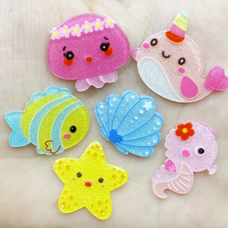 30Pcs Acrylic Kawaii Mini Ocean Series Flatback Cabochon Scrapbook Hair Bows Clips DIY Embellishments Accessories D63