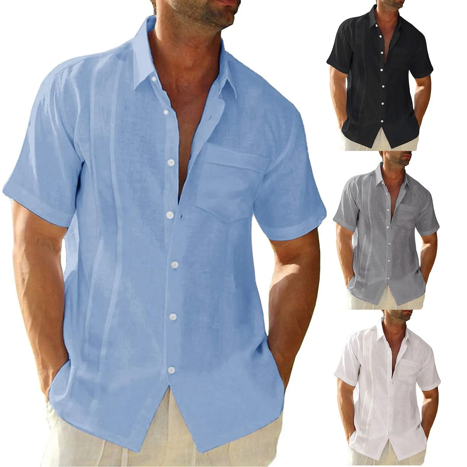 

Men's Short Sleeved lapel Cotton Linen 2021 Summer New Casual Shirt With Chest Pocket Tops Short Sleeve Loose Plain Shirt 2021