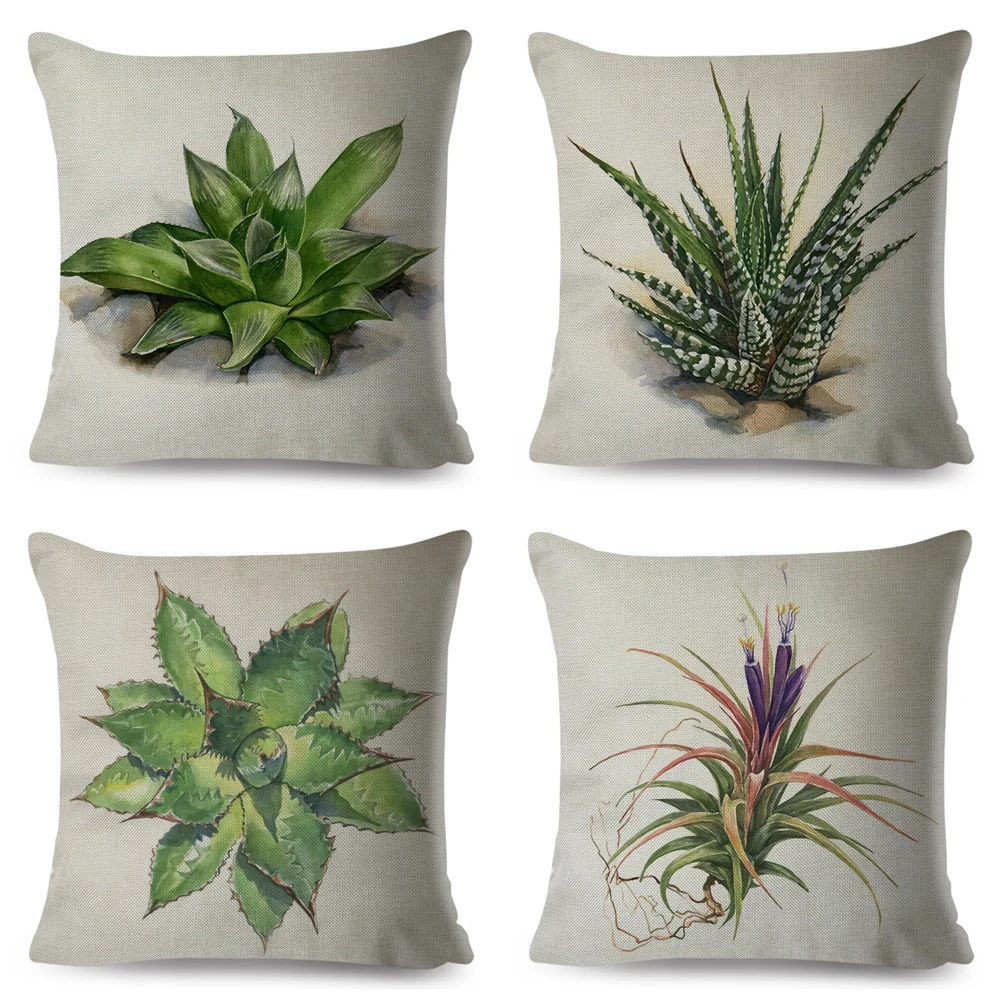 Nordic Style Watercolor Succulent Plants Pillow Case Polyester 45x45 Decor Cartoon Cactus Cushion Cover for Car Sofa Pillowcase