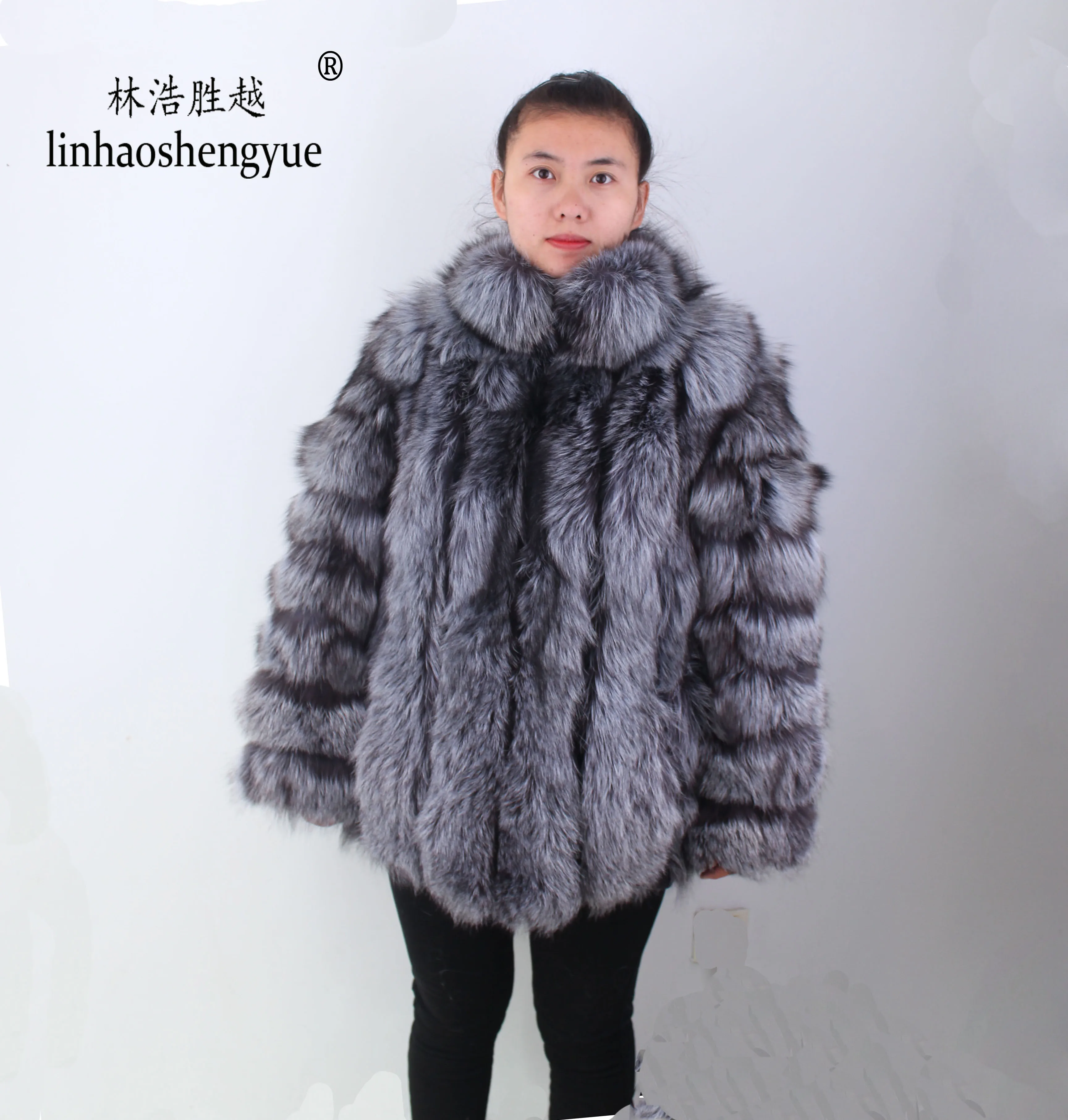 Linhaoshengyue  winter fashion women  natural Silver Fox fur coat  women  with stand collar,real fox fur coat