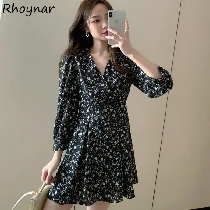 

Mini Dress Women Lady Feminine Long Sleeve French Style Vintage Fashion Simple Floral Spring Female Lovely Chic Clothing Mujer