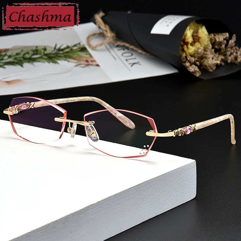 Women Titanium Rimless Prescription Glasses Frame Brown Colored Eye Lenses Stones Diamonds Myopia Reading Glasses Spectacles