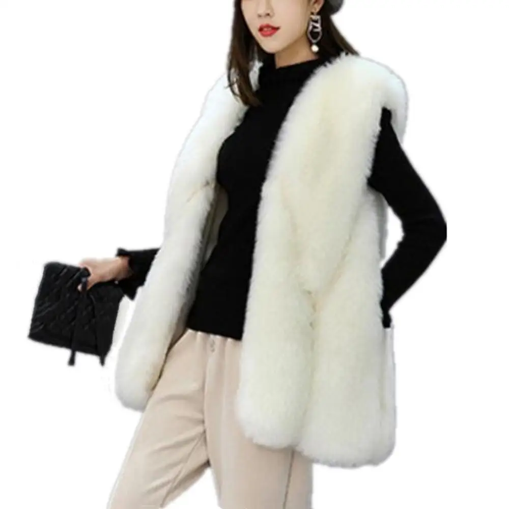 Women Autumn Winter Sleeveless Faux Fur Vest Furry Warm Fake Fur Coat Jacket Overcoat