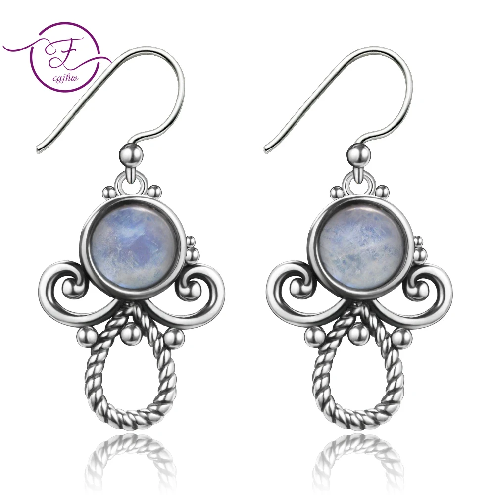 Original Design 7MM Round Natural Moonstone Women's Drop Earrings Solid 925 Sterling Silver Jewelry Birthday Party Gift For Girl