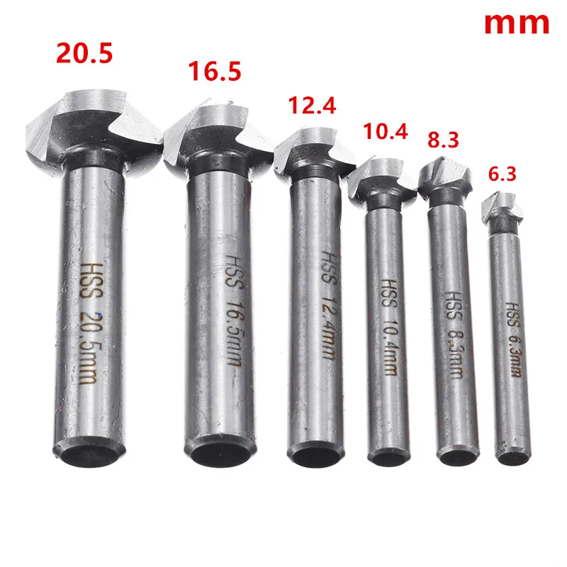Ronde Schacht 6Pcs 3 Fluit 90 Graden Hss Afschuining Afkanten Cutter End Mill Tool Verzinkboor Boor Set 6.3-20.5Mm