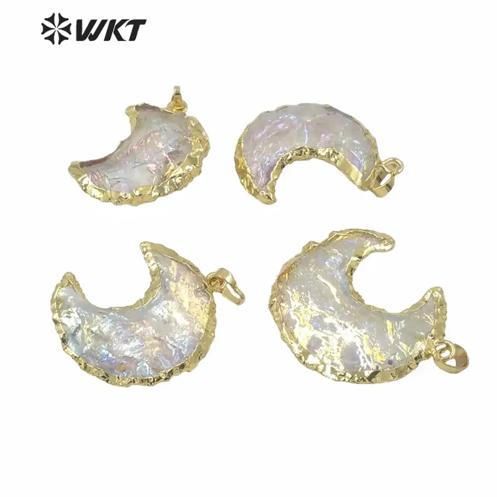 WT-P1564 Luxury Natural Stone Pendant Aura Quartz With Gold Plated Trim Crystal Quartz Moon Shape Wonderful Stone Pendant