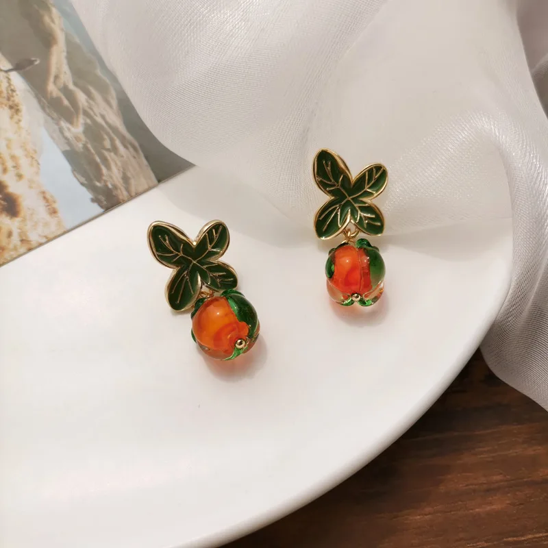 Korean Style Persimmon Lucky Pastoral Glass Cherry Clip Earrings Summer Fruit Orange Clip Earrings No Piercing Girl Ear Jewelry