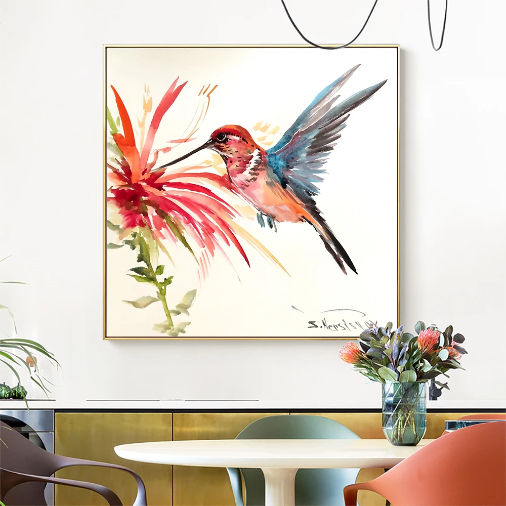 Color Hummingbird Picking Nectar Painting Print On Canvas Posters Modern Wall Art Pictures for Living Room Cuadros Decor