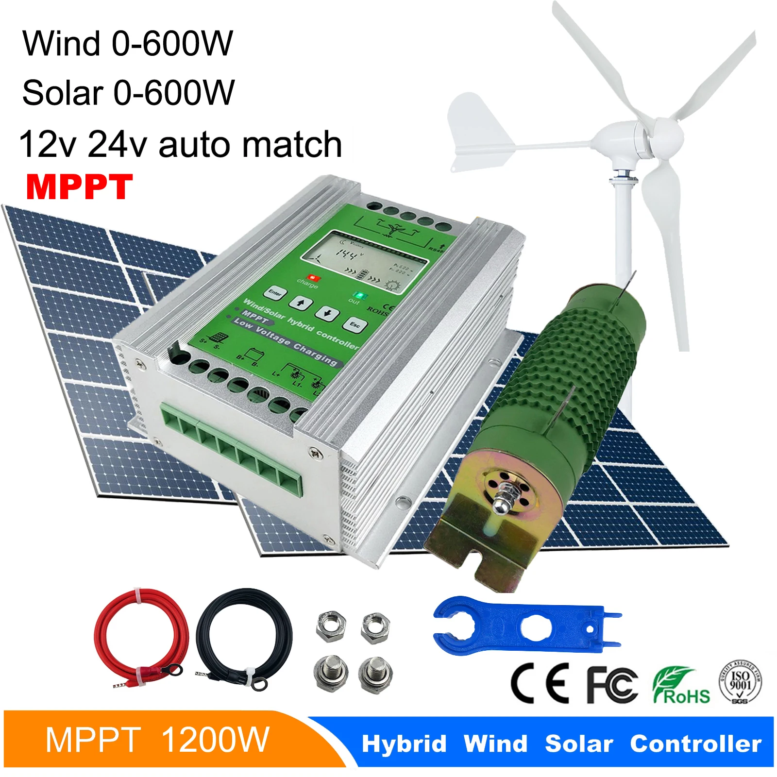 New 1400W Hybrid MPPT Wind Solar Charge Discharge Controller Booste Regulator Auto 12V 24V For Wind Turbine Generator Solar PV