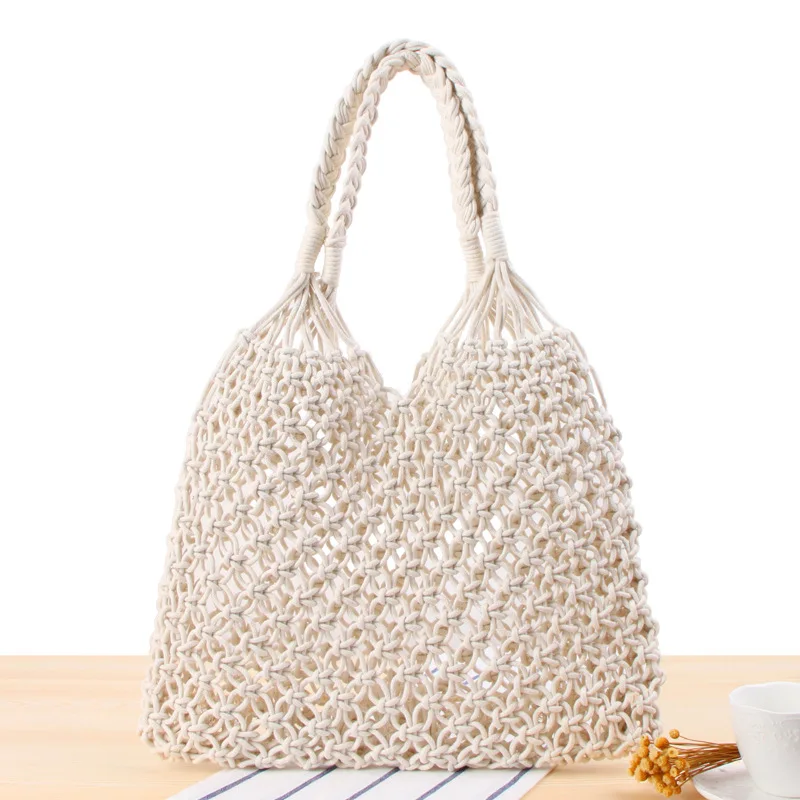 35x48CM  Solid Color One-shoulder Woven Bag Trend Female Natural Style Straw Bag   Handmade Cotton Rope Net Bag Beach Bag a7187