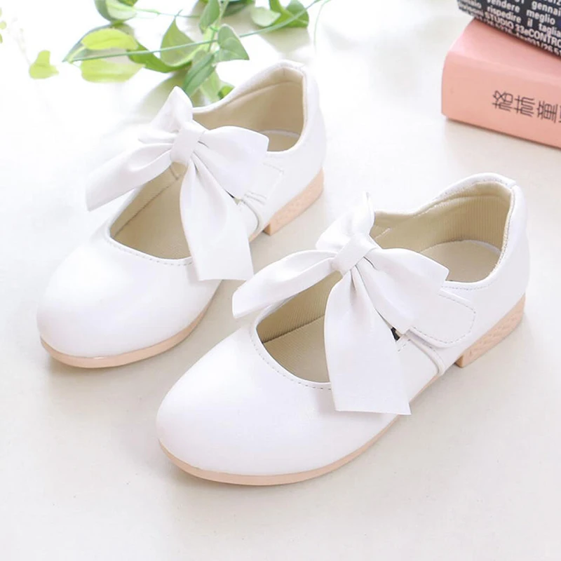 

White Pink Flower Children's Leather Shoes For Teenager Kids Girls School Bowknot Latin Dance Shoes Kids 4 5 6 7 8 9 10 12 Years