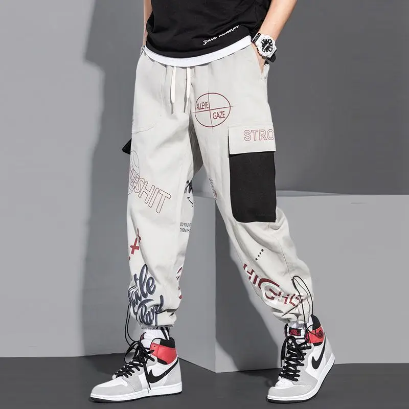 Men Pants Spring and Autumn Cargo Pants Man Fashion Hip Hop Casual Pants Loose Korean Drawstring Men Joggers Sweatpants