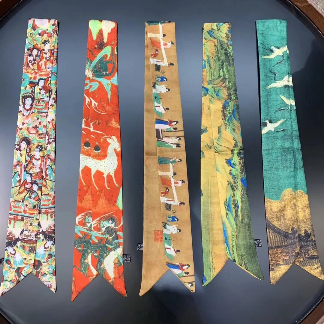 2023 Van Gogh Oil Painting Twill Silk Scarf Women Neckerchief Skinny Scarf Bag Ribbons Female Neck Tie Head Scarves Wraps