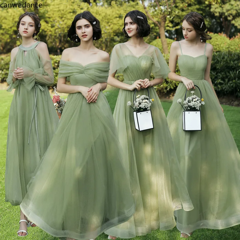 Custom Made Green Khaki Bridesmaid Dresses Halter Lace Up Wedding Party Graduation Dress Long Tulle Robes Women Prom Vestidos