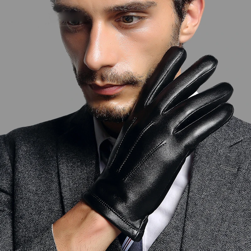 Genuien Leather Male Gloves Autumn Winter Thicken Warm Driving Sheepskin Gloves Man Fashion Simple Leather Gloves TU2018