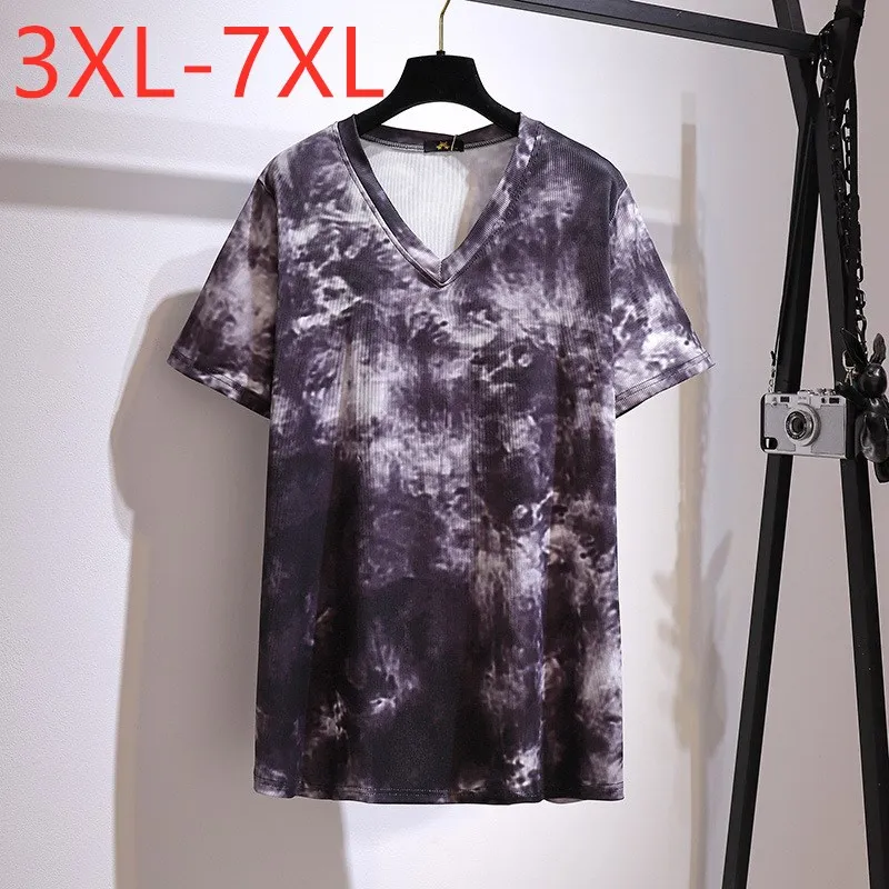 

New 2021 Ladies Summer Plus Size Tops For Women Large Short Sleeve Loose Tie-dyed Print V-neck T-shirt 3XL 4XL 5XL 6XL 7XL