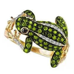 2021 Hot Sale Lovely Frog Inlaid Green White Crystal Rhinestone Zircon Metal Finger Ring for Women Party Jewelry Size 5-11