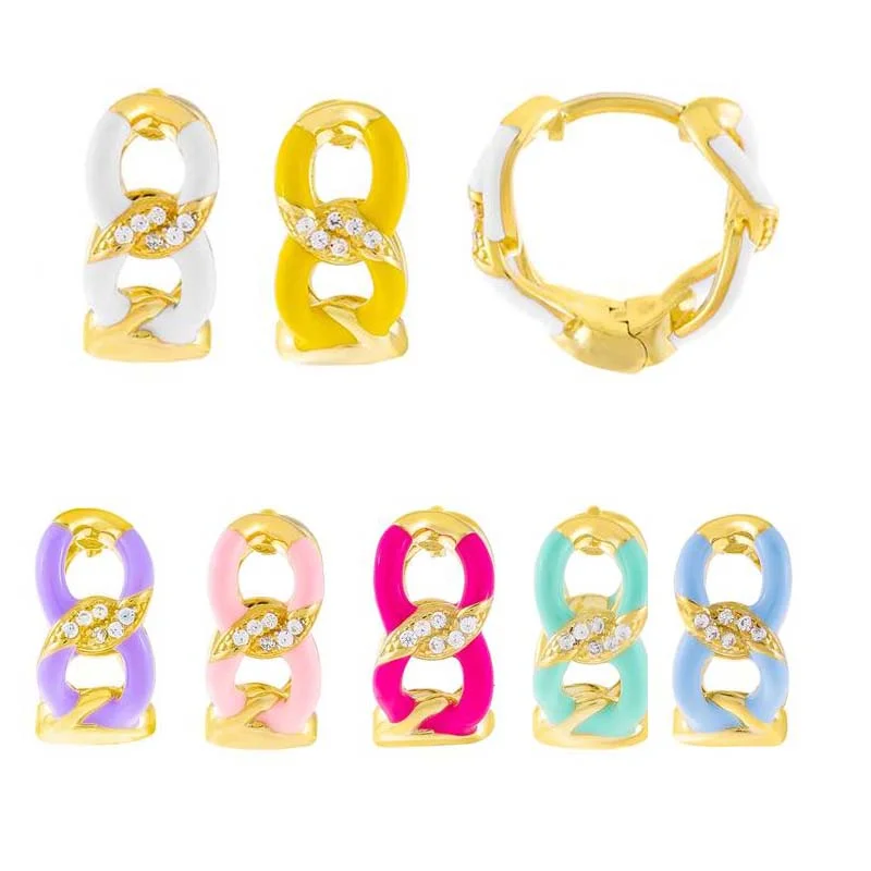 7 Colors Pastel Neon Enamel Hoop Earrings Gold Color Pave CZ Open Cuban Link Chain Shaped Colorful Women Jewelry New