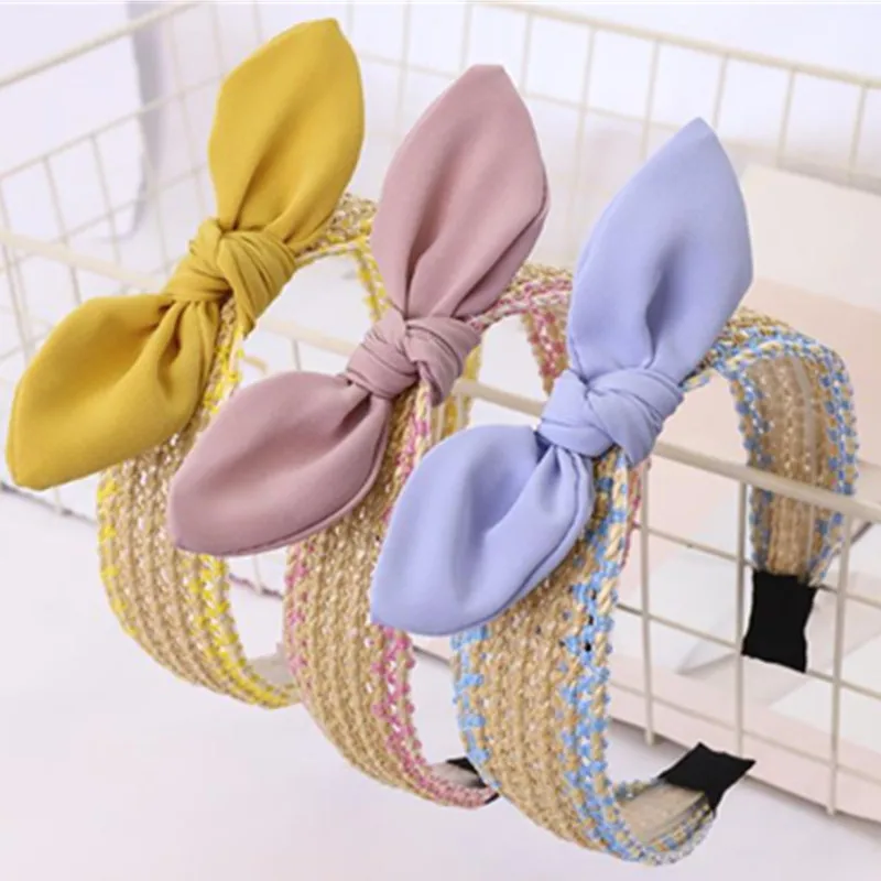 Hair Accessories for Women Handmade Rattan Bow Knot Hairband Korean Retro Hair Ornament Ladies Head Band Bunny Ear Knot Hairband