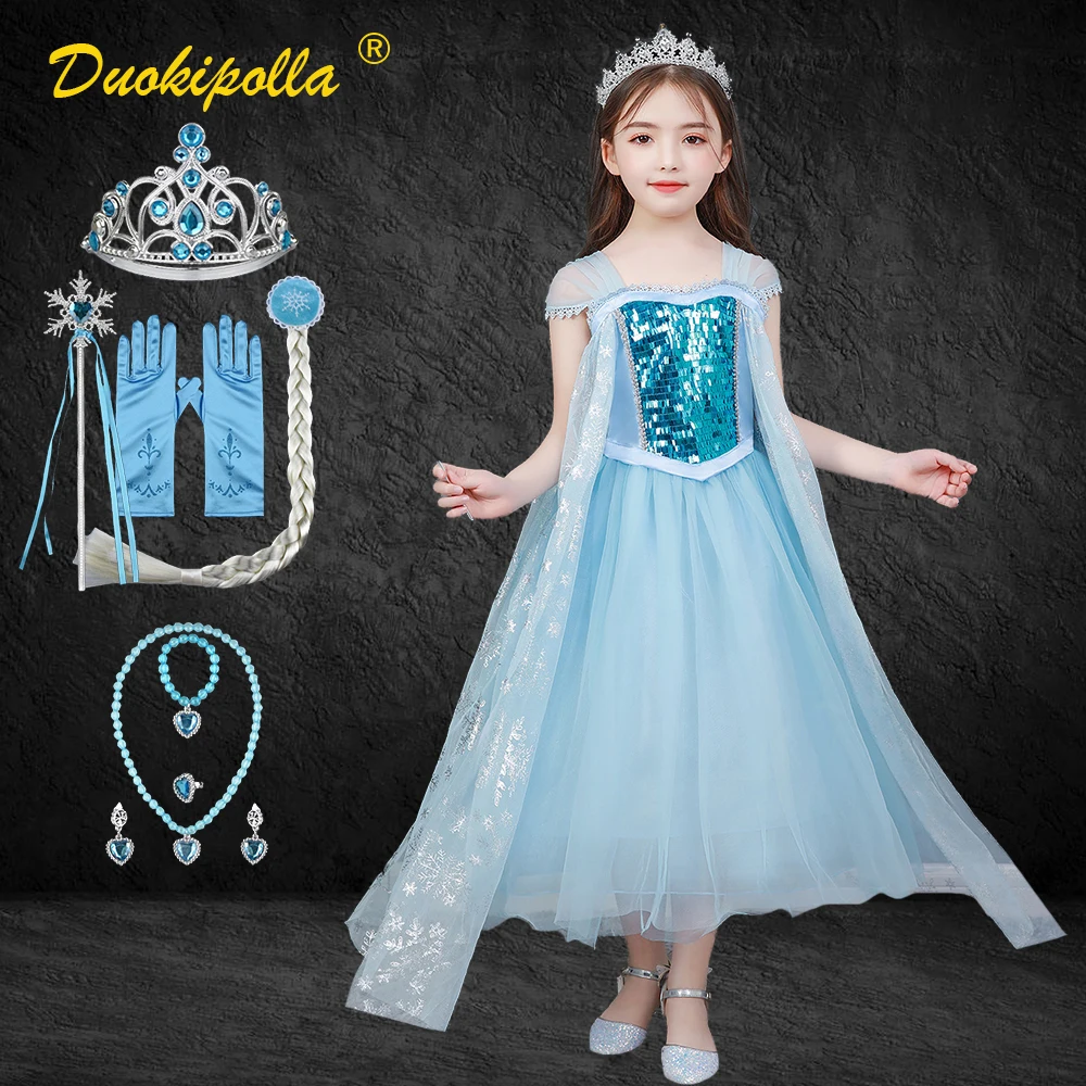 

Snow Queen Summer Girls Elsa Dress Light Blue Tulle Princess Tutu Dress Halloween Elsa Cosplay Costume Elsa Wig for Children