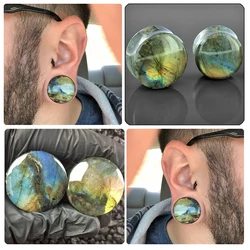 Pair Labradorite Stone Ear Flesh Tunnel Plugs Double&Single Flared Plug Glow Stone Ear Gauges Expander Body Piercing Jewelry