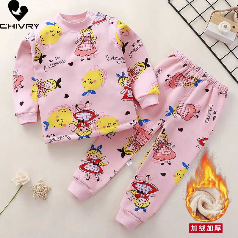 Mới 2021 Trẻ Em Bé Trai Làm Dày Pyjama Bộ Hoạt Hình Cổ Tròn Áo Kèm Quần Bé Gái Thu Đông Giữ Ấm Ngủ Quần Áo bộ